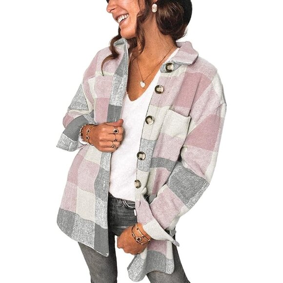 Women's Brushed Plaid Long Sleeve Flannel Button Down Boyfriend Shacket - Picture 1 of 8
